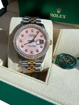 Rolex Datejust 36mm Two-Tone MOP Pink Diamond Dial Diamond Bezel Watch 16013