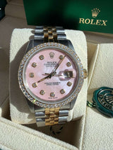 Rolex Datejust 36mm Two-Tone MOP Pink Diamond Dial Diamond Bezel Watch 16013