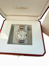 Cartier Ballon Bleu 36mm Silver Guilloche Dial Steel Quartz Mens Watch W69011Z4