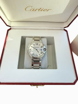 Cartier Ballon Bleu 36mm Silver Guilloche Dial Steel Quartz Mens Watch W69011Z4