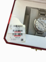 Cartier Ballon Bleu 36mm Silver Guilloche Dial Steel Quartz Mens Watch W69011Z4