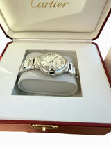 Cartier Ballon Bleu 36mm Silver Guilloche Dial Steel Quartz Mens Watch W69011Z4