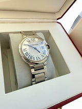 Cartier Ballon Bleu 36mm Silver Guilloche Dial Steel Quartz Mens Watch W69011Z4