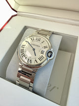 Cartier Ballon Bleu 36mm Silver Guilloche Dial Steel Quartz Mens Watch W69011Z4
