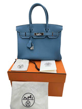 Hermes Birkin 30 Retourne Togo Leather New Blue Jean Palladium Hardware Handbag