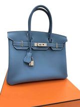 Hermes Birkin 30 Retourne Togo Leather New Blue Jean Palladium Hardware Handbag