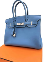 Hermes Birkin 30 Retourne Togo Leather New Blue Jean Palladium Hardware Handbag