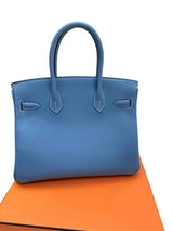 Hermes Birkin 30 Retourne Togo Leather New Blue Jean Palladium Hardware Handbag