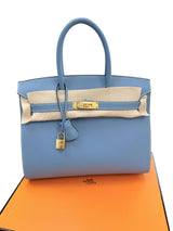 Hermes Birkin 30 Blue Jean Epsom Leather With Gold Hardware Handbag