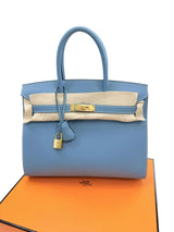 Hermes Birkin 30 Blue Jean Epsom Leather With Gold Hardware Handbag