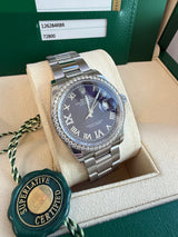 Rolex Datejust 36mm Aubergine Roman VI IX Diamond Dial Bezel Watch 126284RBR