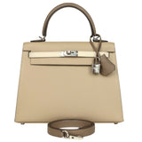 Hermès Kelly Sellier 25 Tri-Color Etoupe Craie Trench Epsom Palladium Hardware