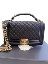 Chanel Quilted Calfskin Leather Medium Boy Top Handle Flap Handbag Black