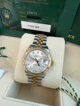 Rolex Lady-Datejust 28mm Silver Diamond Dial Yellow Gold Steel Watch 279173