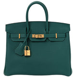 Hermes Birkin 25 Malachite Togo Leather Gold Hardware Handbag