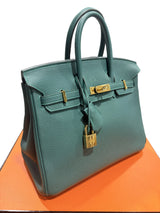 Hermes Birkin 25 Malachite Togo Leather Gold Hardware Handbag