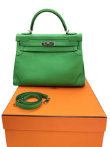 Hermes Kelly Ghillies 32 Bamboo Togo Swift Leather Palladium Hardware Handbag