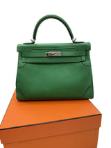 Hermes Kelly Ghillies 32 Bamboo Togo Swift Leather Palladium Hardware Handbag