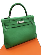 Hermes Kelly Ghillies 32 Bamboo Togo Swift Leather Palladium Hardware Handbag
