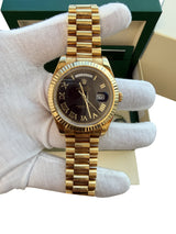 Rolex President Day-Date II 41mm Fluted Bezel 18K Gold Black Dial Watch 218238