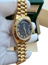 Rolex President Day-Date II 41mm Fluted Bezel 18K Gold Black Dial Watch 218238
