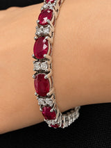 19 CTW Oval Ruby & Diamond Tennis Bracelet in 14K White Gold 7 Inches