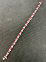 19 CTW Oval Ruby & Diamond Tennis Bracelet in 14K White Gold 7 Inches