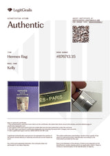 An official LegitGrails authentication certificate for an Hermes Kelly bag, showing the authenticity card, a QR code, and two reference photos of the blue leather bag.