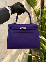 Front view of Hermès Kelly Sellier 25 Purple Epsom Leather Palladium Hardware 2026 Handbag