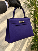 Front view of Hermès Kelly Sellier 25 Purple Epsom Leather Palladium Hardware 2026 Handbag
