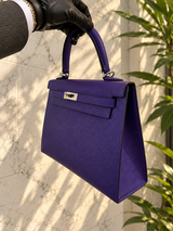 Side view of Hermès Kelly Sellier 25 Purple Epsom Leather Palladium Hardware 2026 Handbag