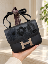 Hermès Constance 18 Dancing Flowers Black Embroidered Swift Palladium Hardware