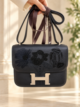 Hermès Constance 18 Dancing Flowers Black Embroidered Swift Palladium Hardware