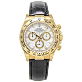 Rolex Daytona 40mm Yellow Gold Black Leather White Dial Mens Watch 116518