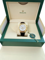 Rolex Daytona 40mm Yellow Gold Black Leather White Dial Mens Watch 116518