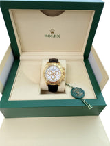 Rolex Daytona 40mm Yellow Gold Black Leather White Dial Mens Watch 116518