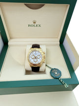 Rolex Daytona 40mm Yellow Gold Black Leather White Dial Mens Watch 116518