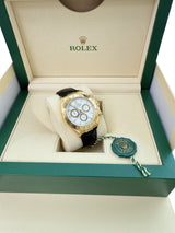 Rolex Daytona 40mm Yellow Gold Black Leather White Dial Mens Watch 116518