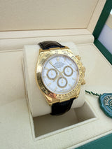 Rolex Daytona 40mm Yellow Gold Black Leather White Dial Mens Watch 116518
