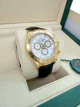 Rolex Daytona 40mm Yellow Gold Black Leather White Dial Mens Watch 116518