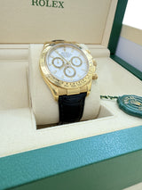 Rolex Daytona 40mm Yellow Gold Black Leather White Dial Mens Watch 116518