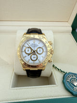 Rolex Daytona 40mm Yellow Gold Black Leather White Dial Mens Watch 116518