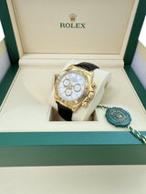 Rolex Daytona 40mm Yellow Gold Black Leather White Dial Mens Watch 116518