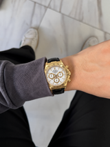 Rolex Daytona 40mm Yellow Gold Black Leather White Dial Mens Watch 116518