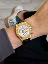 Rolex Daytona 40mm Yellow Gold Black Leather White Dial Mens Watch 116518