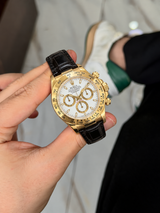 Rolex Daytona 40mm Yellow Gold Black Leather White Dial Mens Watch 116518