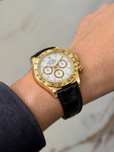 Rolex Daytona 40mm Yellow Gold Black Leather White Dial Mens Watch 116518