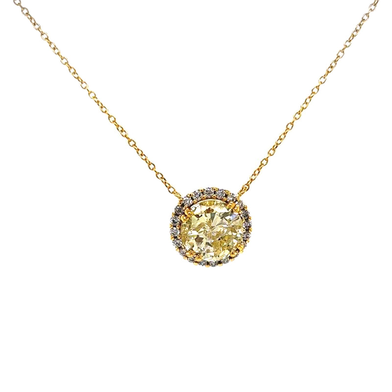 3.15 Carat Natural Fancy Yellow Round Diamond 18K Gold Halo Pendant Necklace