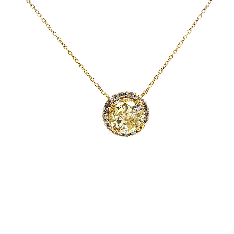 3.15 Carat Natural Fancy Yellow Round Diamond 18K Gold Halo Pendant Necklace