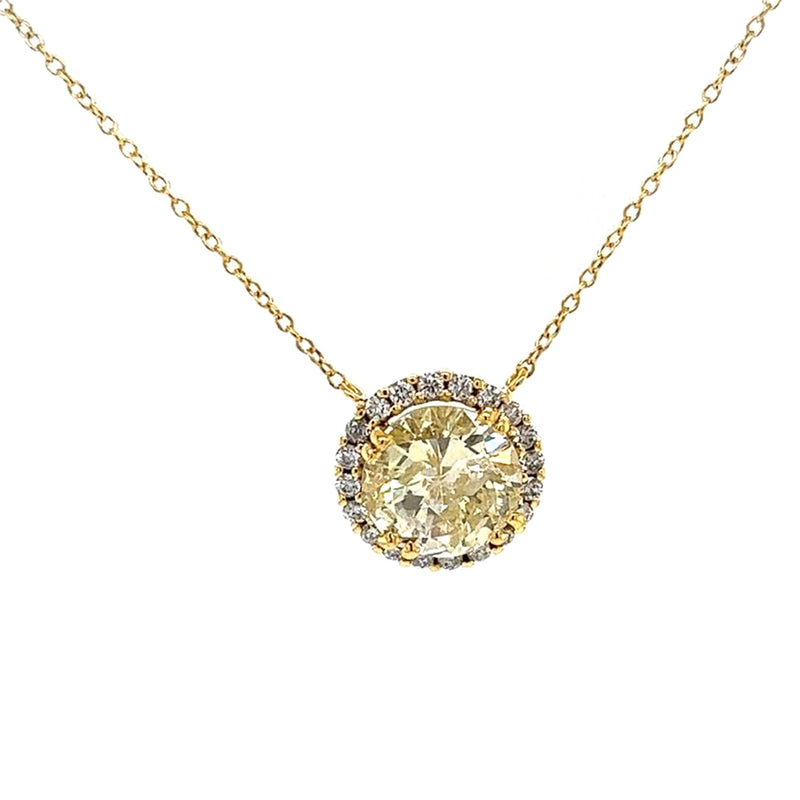 3.15 Carat Natural Fancy Yellow Round Diamond 18K Gold Halo Pendant Necklace